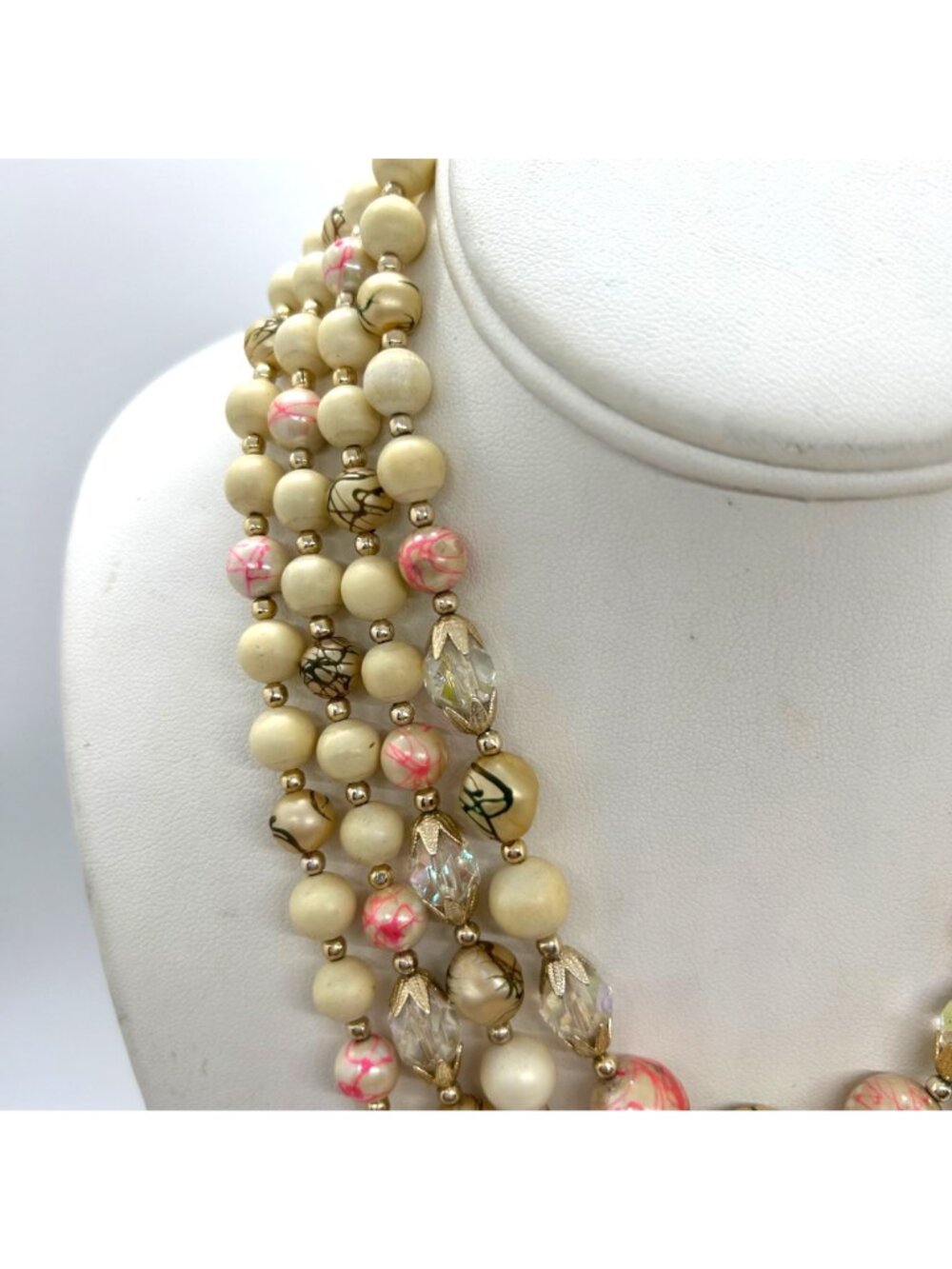 Vintage 4-Strand Japan Necklace Pink Swirl Beads Glass Acrylic Gold-Tone 1950s - Picture 7 of 16